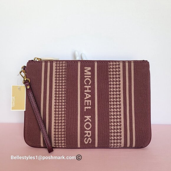 MICHAEL KORS Jet Set Signature Jacquard Large Zip Pouch Wristlet- Dark Berry ⭐ - Picture 2 of 16